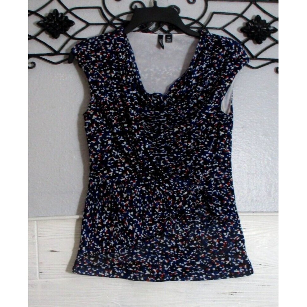 Relativity Women's Knit Top Size PM Sleeveless Blue Geometric Cowl Neck